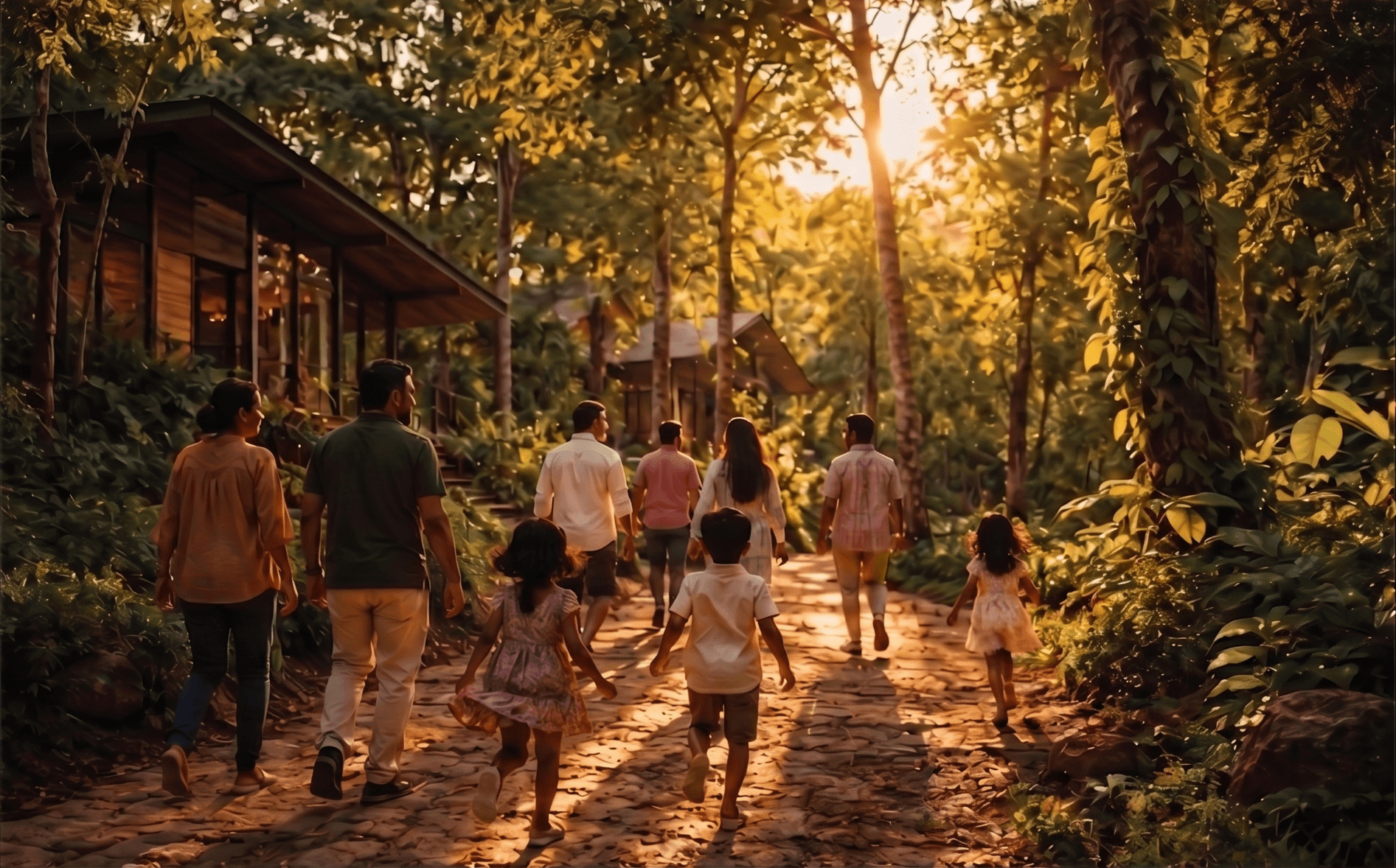 A family walking a forest path toward the Kaanagam cabins at golden hour