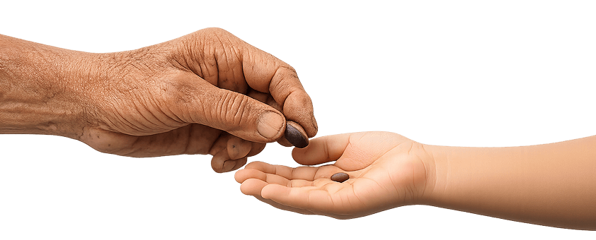 An elder's hand passing a seed to a child's hand — Kaanagam handed forward, one generation to the next