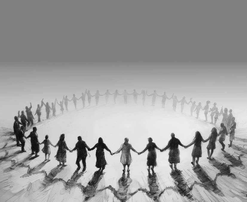 A circle of people, hands joined, fading into mist — the shape a gathering of 108 makes