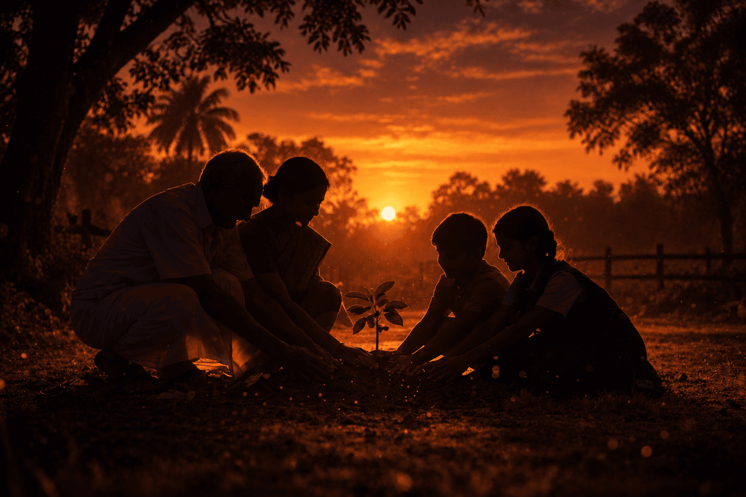 A family silhouetted at dusk, planting a sapling together — shared responsibility across generations